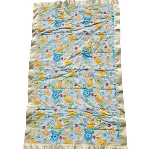 Baby Blanket Ducks It's a Boy Print Blue Backing Satin Trim quilt‎ handmade new
